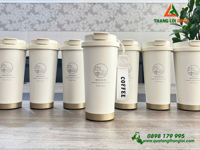 Ly Giữ Nhiệt 530ml Màu Trắng Kem - Khắc Logo Trường Đại Học Luật - ĐHQG Hà Nội