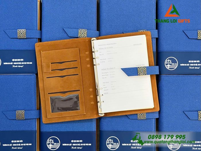 Sổ Da Bìa Còng Màu Xanh - In Logo Trường Đại Học Luật - ĐHQG Hà Nội 