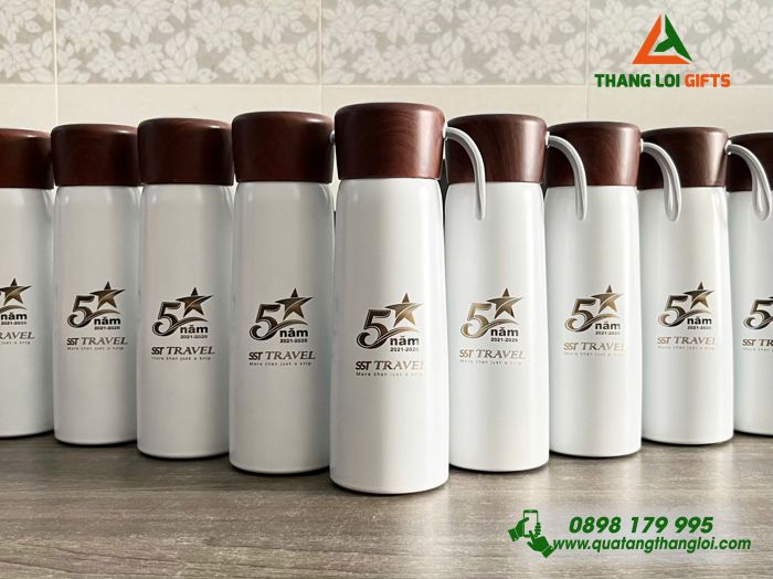Bình Giữ Nhiệt Nắp Gỗ Màu Trắng - Khắc Logo Doanh Nghiệp SST TRAVEL