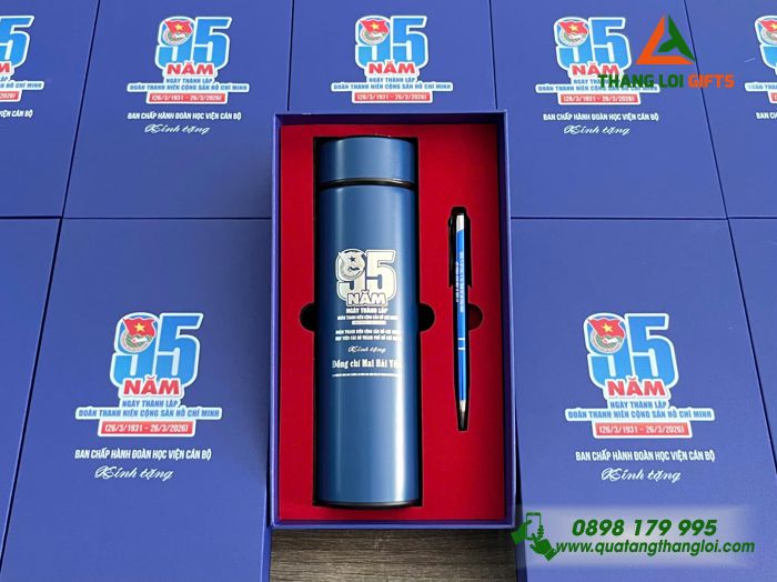 Combo Quà Tặng (Bình & Bút) Màu Xanh - In Khắc Logo Kỷ Niệm 95 Năm Ngày Thành Lập Đoàn Thanh Niên