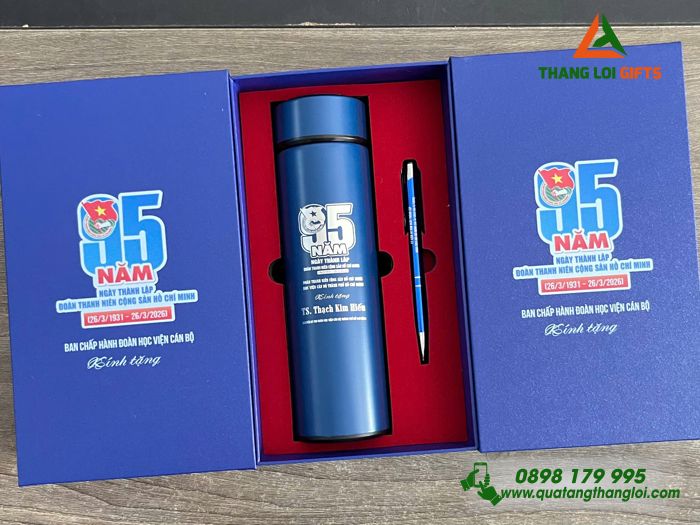 Combo Quà Tặng (Bình & Bút) Màu Xanh - In Khắc Logo Kỷ Niệm 95 Năm Ngày Thành Lập Đoàn Thanh Niên