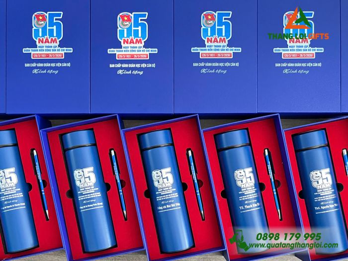 Combo Quà Tặng (Bình & Bút) Màu Xanh - In Khắc Logo Kỷ Niệm 95 Năm Ngày Thành Lập Đoàn Thanh Niên
