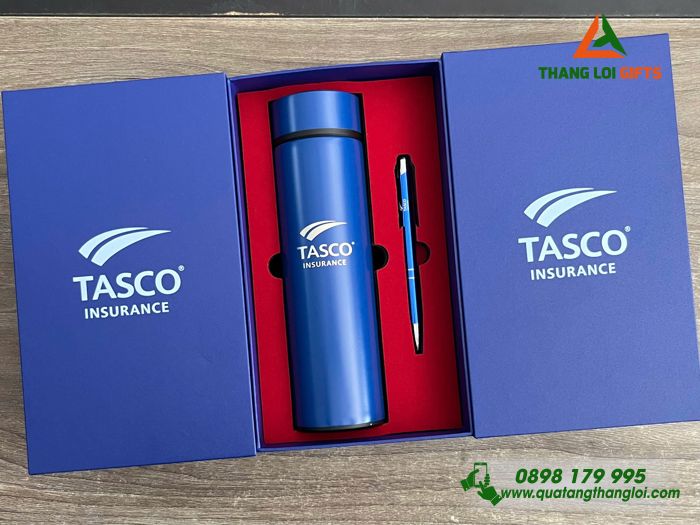 Bộ Quà Tặng (Bình & Bút) Màu Xanh - In Khắc Logo Công Ty Bảo Hiểm Tasco Insurance