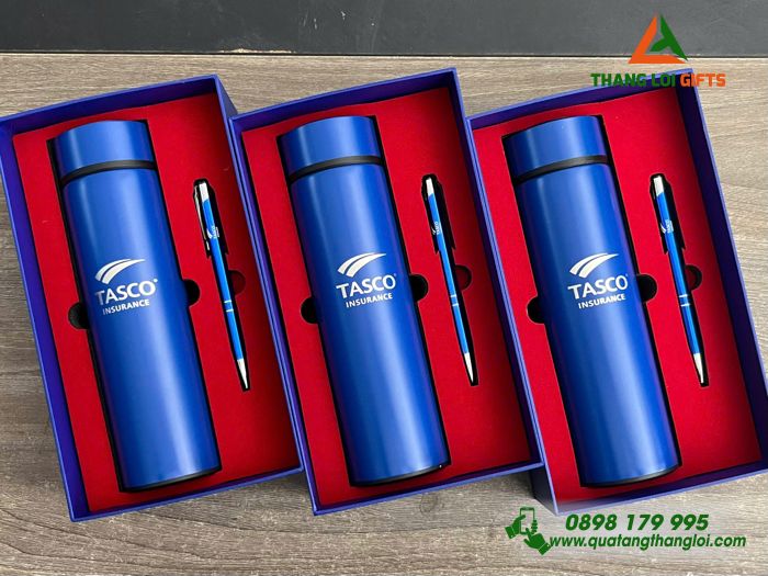 Bộ Quà Tặng (Bình & Bút) Màu Xanh - In Khắc Logo Công Ty Bảo Hiểm Tasco Insurance