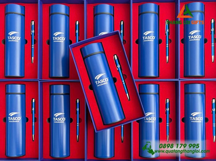 Bộ Quà Tặng (Bình & Bút) Màu Xanh - In Khắc Logo Công Ty Bảo Hiểm Tasco Insurance