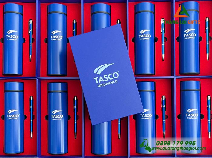 Bộ Quà Tặng (Bình & Bút) Màu Xanh - In Khắc Logo Công Ty Bảo Hiểm Tasco Insurance