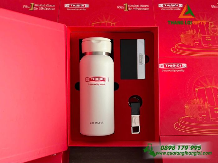 Giftset Cao Cấp (Bình Lock+ Hộp Namecard+ Móc Khóa) - In Khắc Logo Doanh Nghiệp THIBIDI No.1 Market Share in Vietnam