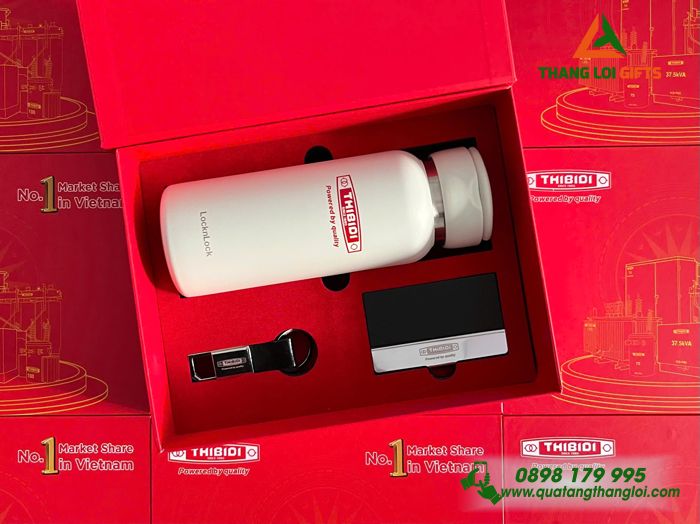 Giftset Cao Cấp (Bình Lock+ Hộp Namecard+ Móc Khóa) - In Khắc Logo Doanh Nghiệp THIBIDI No.1 Market Share in Vietnam