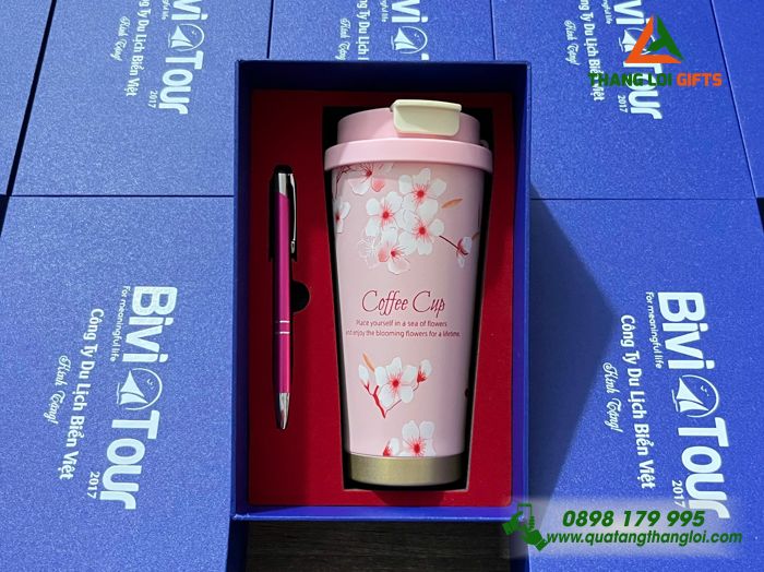 Bộ Quà Tặng (Ly & Bút) Màu Hồng Hoa Anh Đào - In Khắc Tên làm Quà Tặng