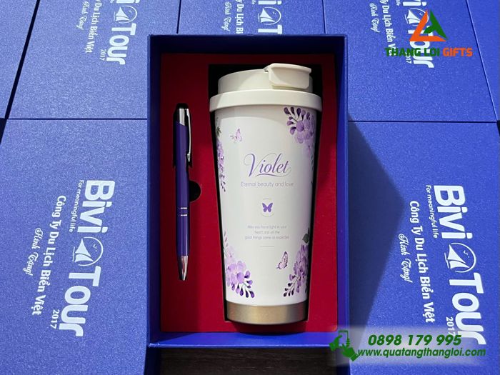 Bộ Quà Tặng (Ly & Bút) Màu Tím Hoa Violet - In Khắc Tên làm Quà Tặng