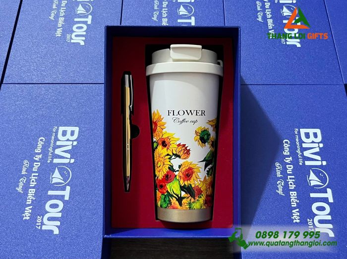 Bộ Quà Tặng (Ly & Bút) Màu Vàng Hoa Hướng Dương - In Khắc Tên làm Quà Tặng