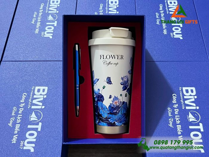 Bộ Quà Tặng (Ly & Bút) Màu Xanh Hoa Sen - In Khắc Tên làm Quà Tặng