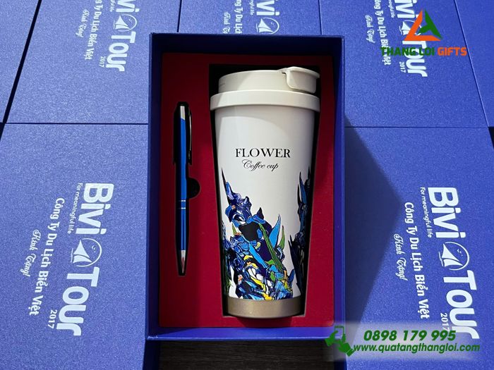 Bộ Quà Tặng (Ly & Bút) Hoa Xanh - In Khắc Tên làm Quà Tặng