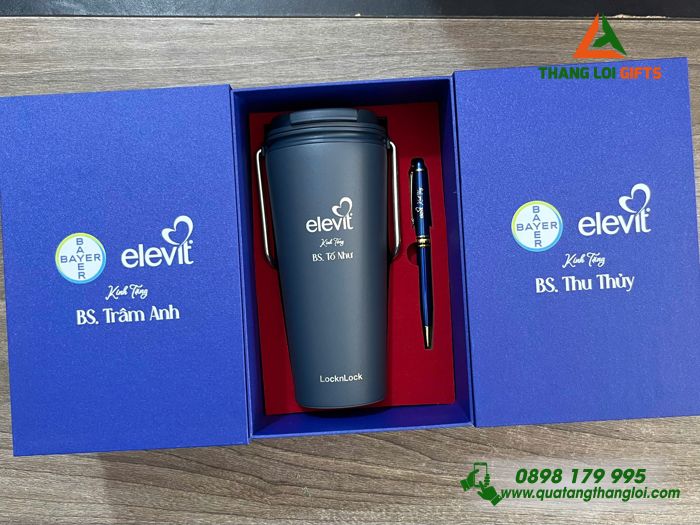 Combo Quà Tặng (Ly Lock & Bút) Màu Xanh - In Khắc Logo Doanh Nghiệp BAYER