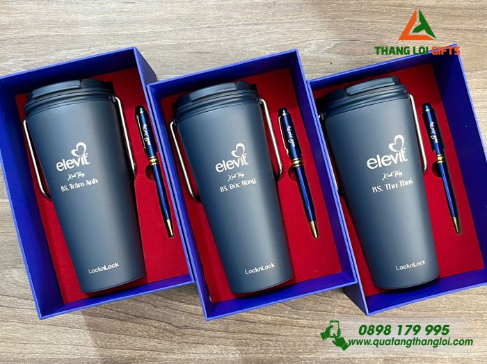 Combo Quà Tặng (Ly Lock & Bút) Màu Xanh - In Khắc Logo Doanh Nghiệp BAYER