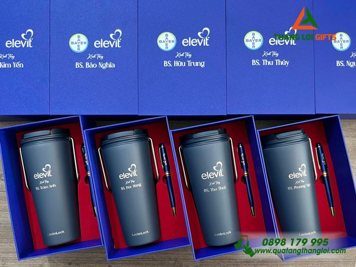 Combo Quà Tặng (Ly Lock & Bút) Màu Xanh - In Khắc Logo Doanh Nghiệp BAYER