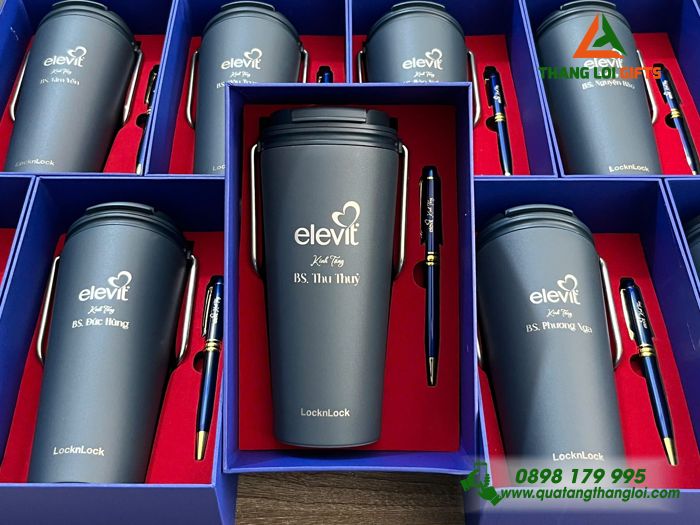 Combo Quà Tặng (Ly Lock & Bút) Màu Xanh - In Khắc Logo Doanh Nghiệp BAYER