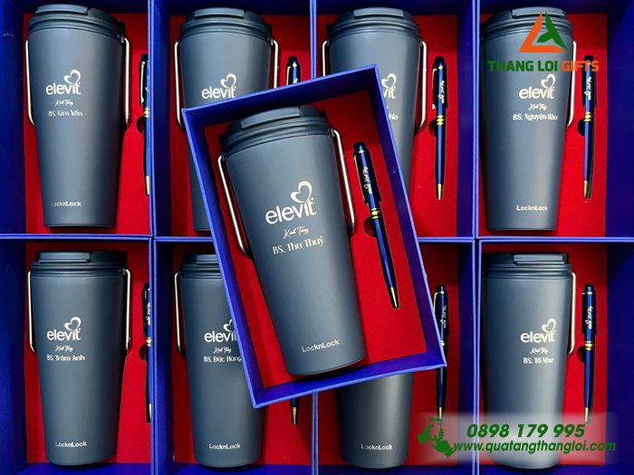 Combo Quà Tặng (Ly Lock & Bút) Màu Xanh - In Khắc Logo Doanh Nghiệp BAYER