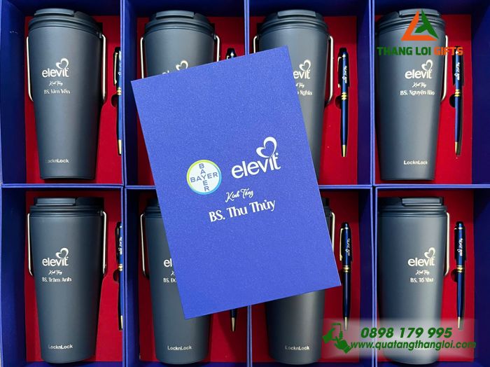 Combo Quà Tặng (Ly Lock & Bút) Màu Xanh - In Khắc Logo Doanh Nghiệp BAYER