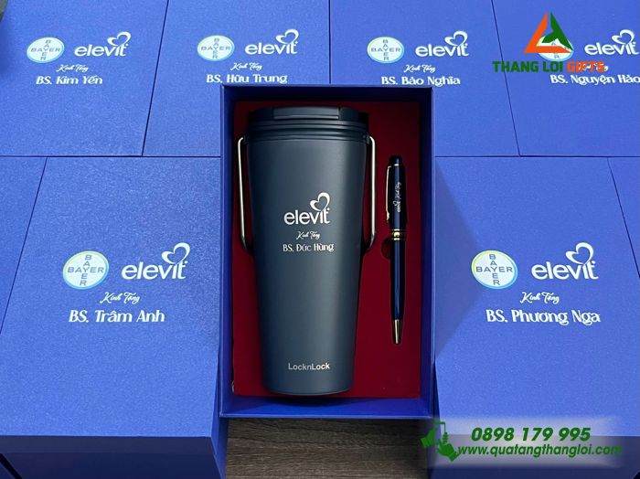 Combo Quà Tặng (Ly Lock & Bút) Màu Xanh - In Khắc Logo Doanh Nghiệp BAYER