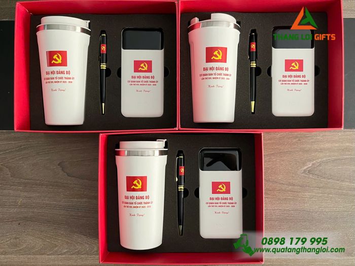 Giftset Quà Tặng Cao Cấp (Ly+ Pin Sạc + Bút) - In Logo Đại Hội Đảng Bộ Cơ Quan Ban Tổ Chức Thành Ủy