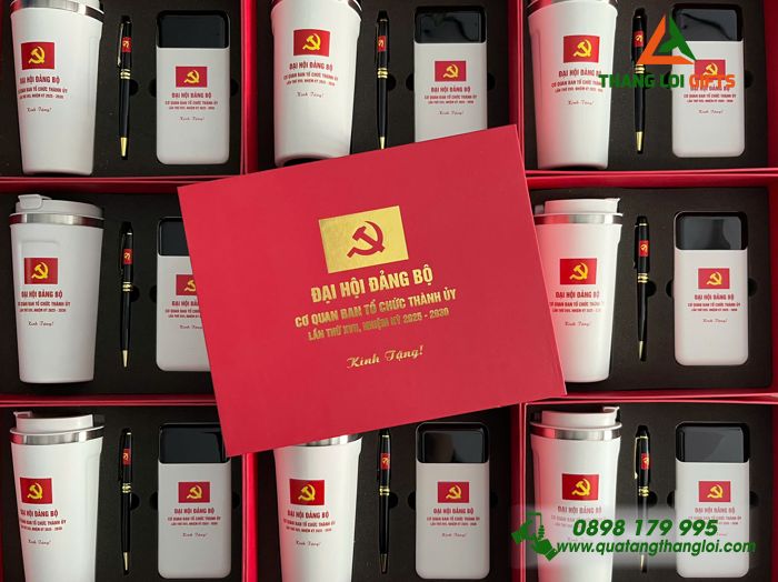 Giftset Quà Tặng Cao Cấp (Ly+ Pin Sạc + Bút) - In Logo Đại Hội Đảng Bộ Cơ Quan Ban Tổ Chức Thành Ủy