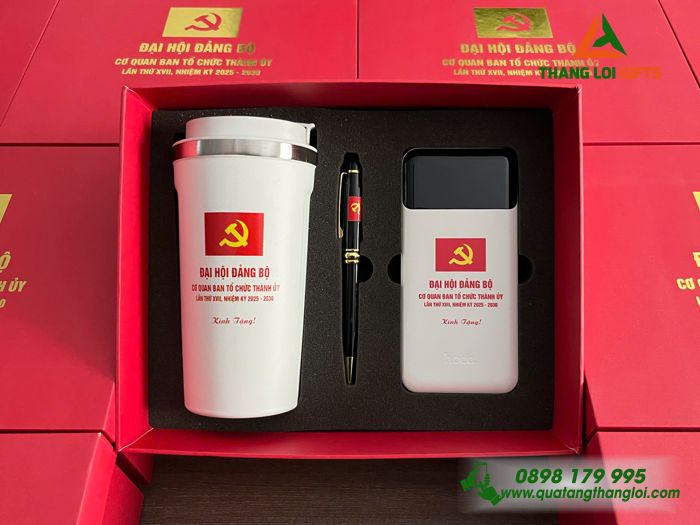Giftset Quà Tặng Cao Cấp (Ly+ Pin Sạc + Bút) - In Logo Đại Hội Đảng Bộ Cơ Quan Ban Tổ Chức Thành Ủy