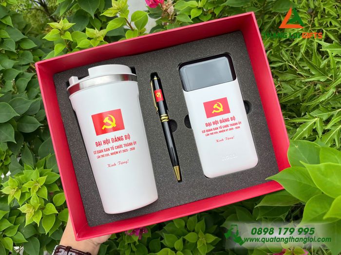 Giftset Quà Tặng Cao Cấp (Ly+ Pin Sạc + Bút) - In Logo Đại Hội Đảng Bộ Cơ Quan Ban Tổ Chức Thành Ủy