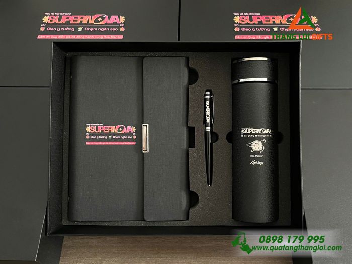 Giftset (Sổ+ Bình+ Bút) Màu Đen - In Khắc Logo Trại Hè Nghiên Cứu Supernova