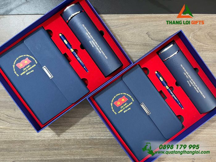 Bộ Quà Tặng (Sổ+ Bình+ Bút) Màu Xanh - In Khắc Logo Đại Hội Đảng Bộ Công An Tỉnh Quảng Ngãi 