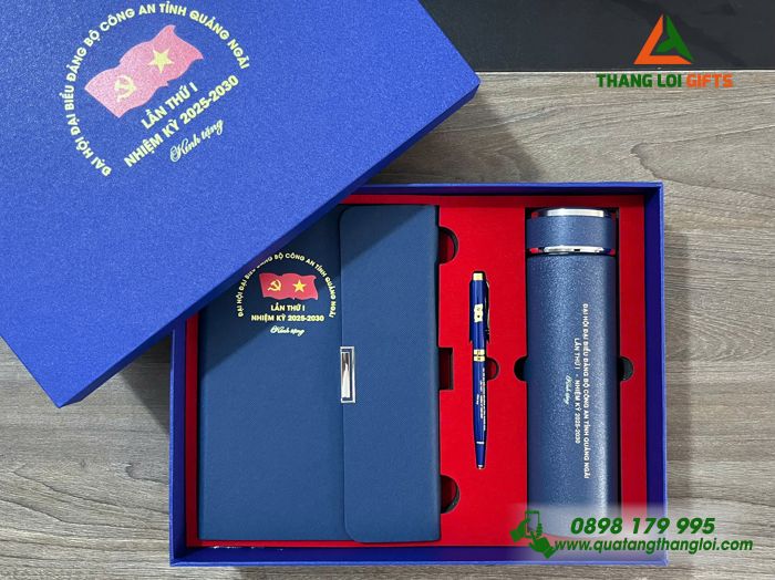 Bộ Quà Tặng (Sổ+ Bình+ Bút) Màu Xanh - In Khắc Logo Đại Hội Đảng Bộ Công An Tỉnh Quảng Ngãi 