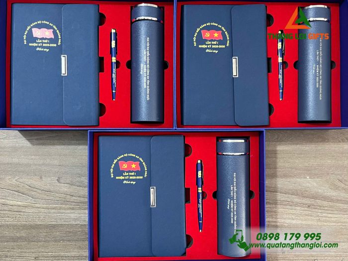 Bộ Quà Tặng (Sổ+ Bình+ Bút) Màu Xanh - In Khắc Logo Đại Hội Đảng Bộ Công An Tỉnh Quảng Ngãi 
