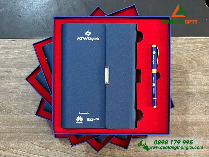 Combo Quà Tặng (Sổ & Bút) Màu Xanh - In Khắc Logo Doanh Nghiệp HUAWEI