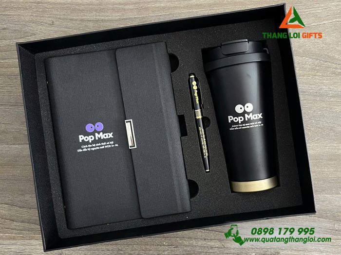 Set Quà Tặng (Sổ+ Ly+ Bút) Màu Đen - In Khắc Logo POP MAX