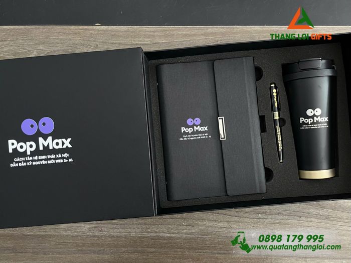Set Quà Tặng (Sổ+ Ly+ Bút) Màu Đen - In Khắc Logo POP MAX