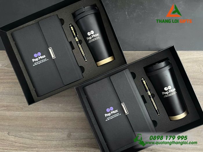 Set Quà Tặng (Sổ+ Ly+ Bút) Màu Đen - In Khắc Logo POP MAX