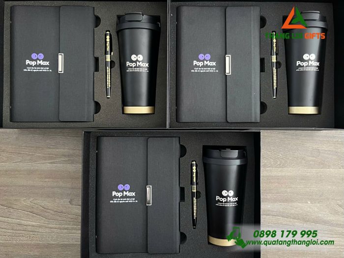 Set Quà Tặng (Sổ+ Ly+ Bút) Màu Đen - In Khắc Logo POP MAX