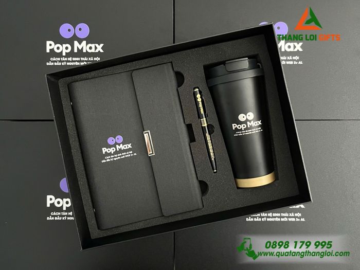Set Quà Tặng (Sổ+ Ly+ Bút) Màu Đen - In Khắc Logo POP MAX