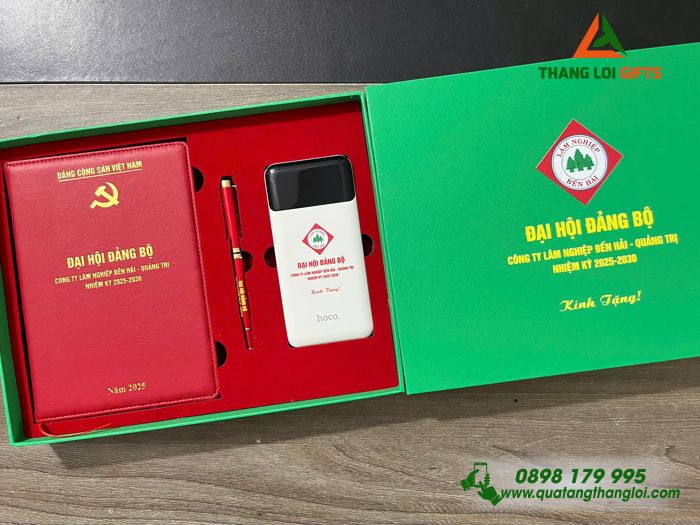 Bộ Quà Tặng Cao Cấp (Sổ+ Pin+ Bút) - In Logo Đại Hội Đảng Bộ Công Ty Lâm Nghiệp Bến Hải