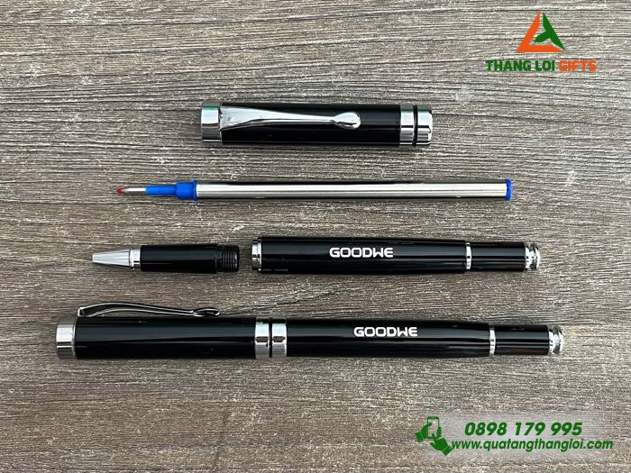 Bút Ký Kim Loại Nắp Màu Đen Khoen Bạc - Khắc Logo Doanh Nghiệp GOODWE