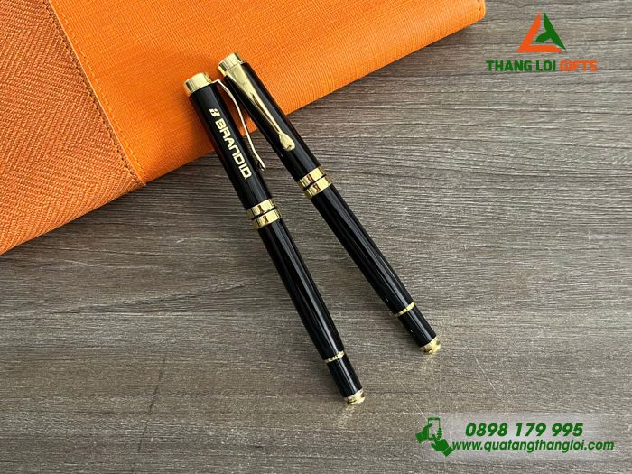 Bút Ký Kim Loại Nắp Màu Đen Khoen Vàng - Khắc Logo Doanh Nghiệp BRAND ID