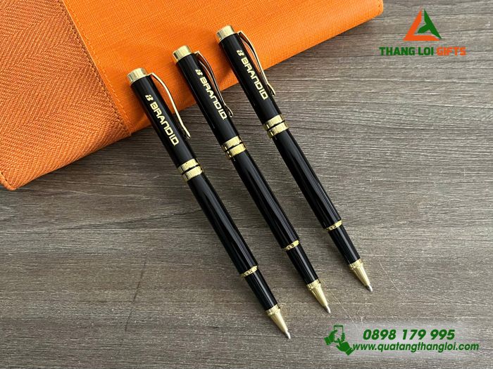 Bút Ký Kim Loại Nắp Màu Đen Khoen Vàng - Khắc Logo Doanh Nghiệp BRAND ID