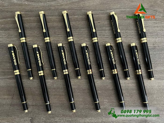 Bút Ký Kim Loại Nắp Màu Đen Khoen Vàng - Khắc Logo Doanh Nghiệp BRAND ID