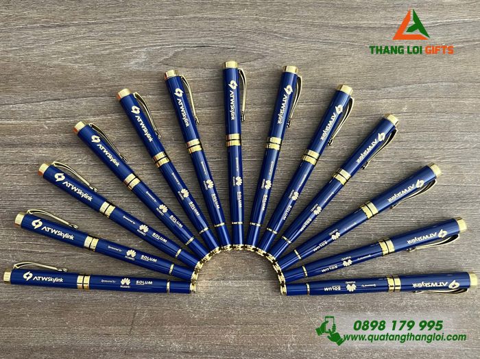 Bút Ký Kim Loại Nắp Màu Xanh Khoen Vàng - Khắc Logo Doanh Nghiệp HUAWEI