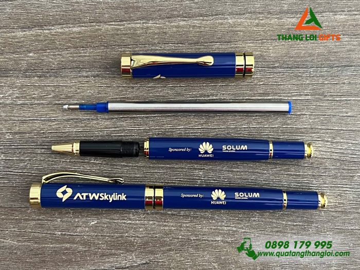 Bút Ký Kim Loại Nắp Màu Xanh Khoen Vàng - Khắc Logo Doanh Nghiệp HUAWEI