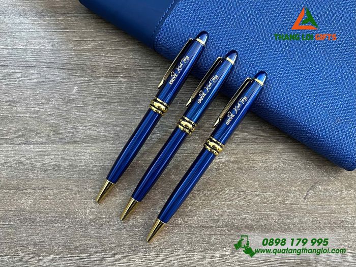 Bút Ký Kim Loại Xoay Màu Xanh Khoen Vàng - Khắc Tên Làm Quà Tặng
