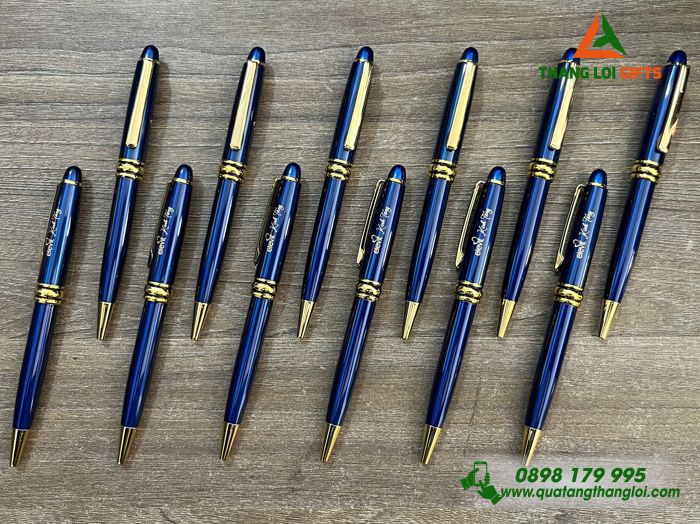 Bút Ký Kim Loại Xoay Màu Xanh Khoen Vàng - Khắc Tên Làm Quà Tặng