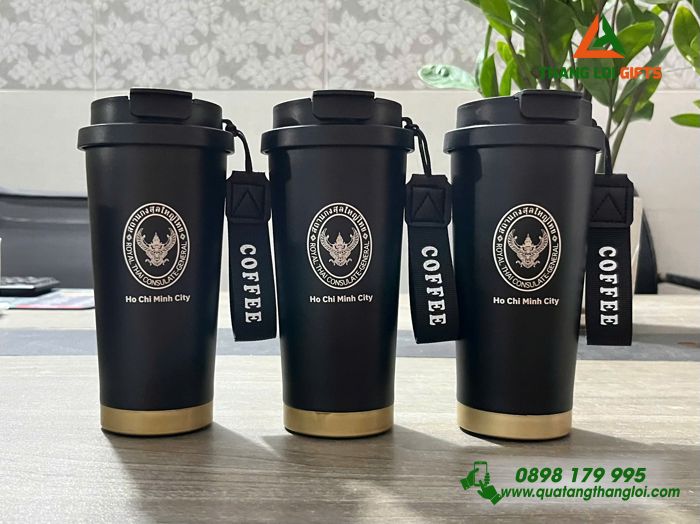 Ly Giữ Nhiệt 530ml Màu Đen - Khắc Logo Tổng Lãnh Sự Quán Vương Quốc Thái Lan Tại TP.HCM
