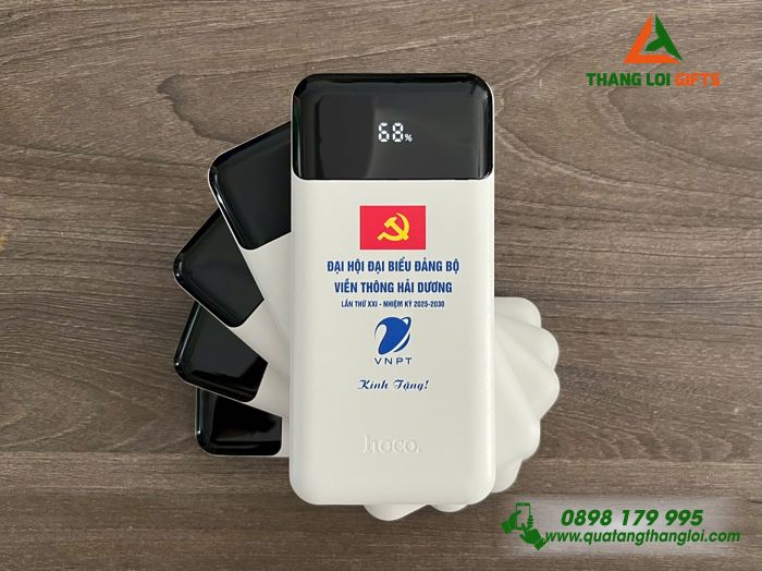 Pin Sạc Dự Phòng Hoco 10.000mAh Màu Trắng - In Logo Đại Hội Đảng Bộ Viễn Thông Hải Dương