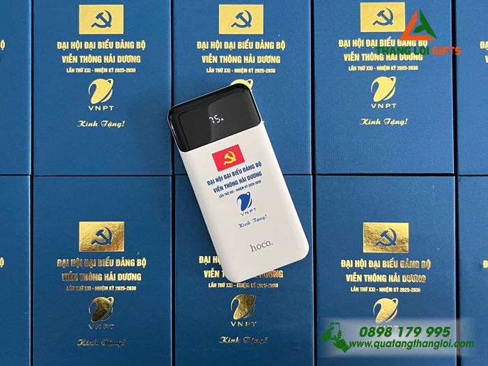 Pin Sạc Dự Phòng Hoco 10.000mAh Màu Trắng - In Logo Đại Hội Đảng Bộ Viễn Thông Hải Dương